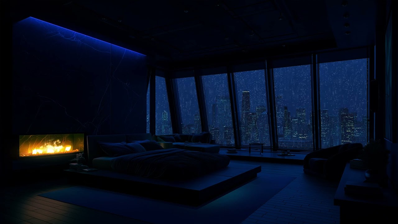 🌧️ Midnight Rain in a Cozy Modern Bedroom | Deep Sleep Piano & Fireplace Ambience for Relaxation