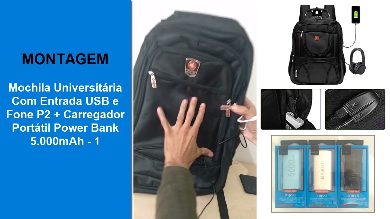 Como usar Mochila com entrada USB e Fone P2 + Carregador port&aacute;til Power Bank