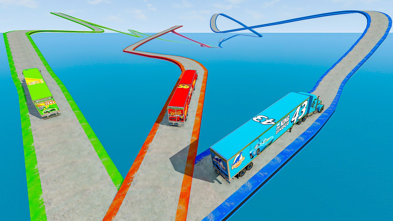 Mack Truck vs King Dinoco Truck vs Chick Hicks Truck vs Impossible Wave and Log Wave Bridge - BeamNG