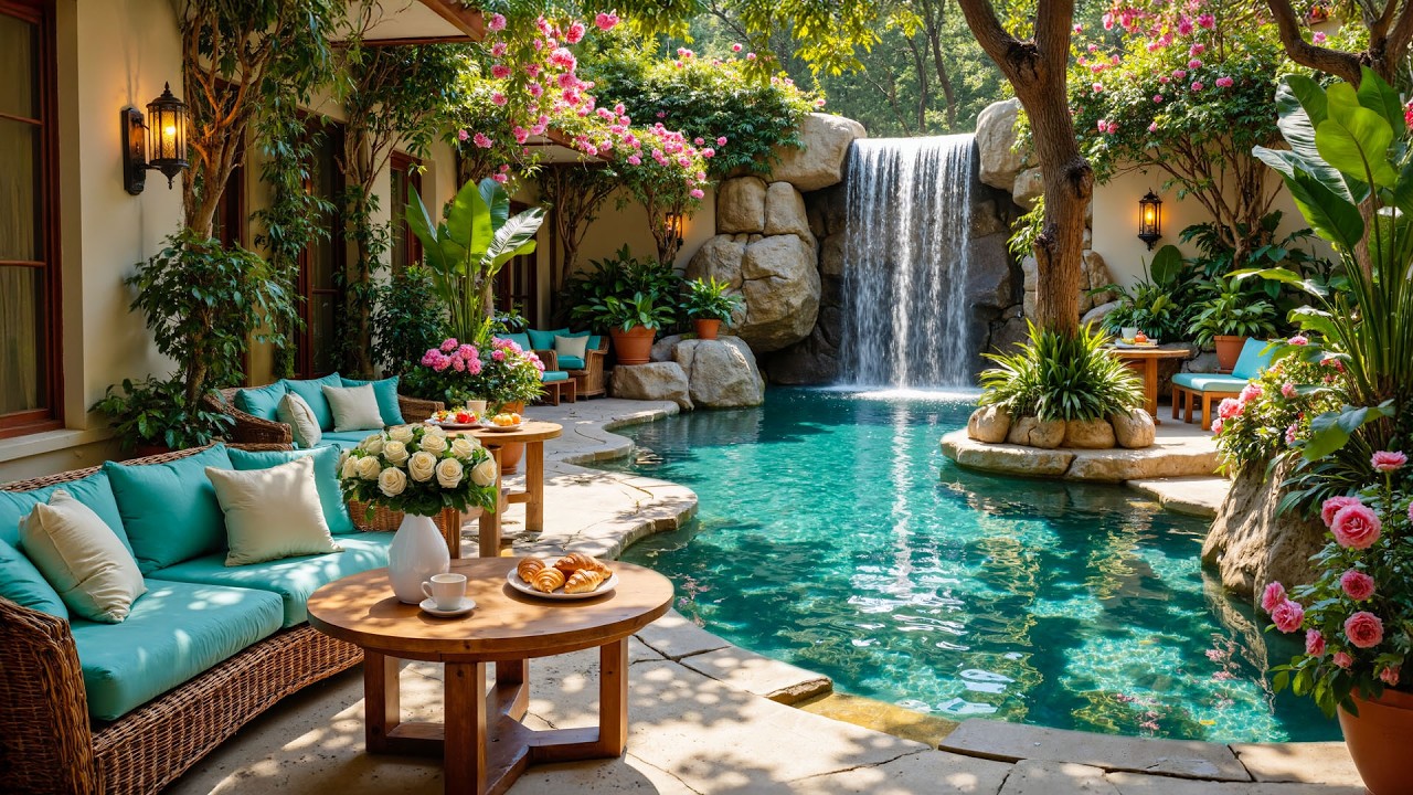 Luxury Garden Cafe by the Waterfall 🌿☕ | Jazz Peaceful Hideaway for Coffee & Calm
