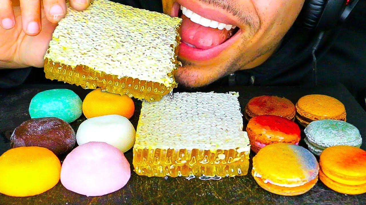 ASMR HONEYCOMB MOCHI ICE CREAM MACARONS *STICKY EATING SOUNDS* MUKBANG JERRY BIG BITES NO TALKING