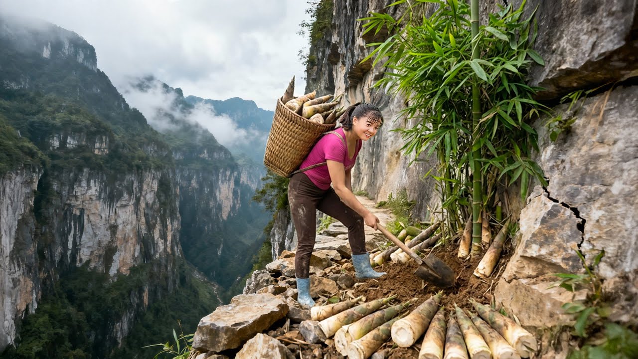 En este RANCHO serrano, todos VIVEN del agua de un MANANTIAL Cosechando bambú en la montaña 🌿⛰️