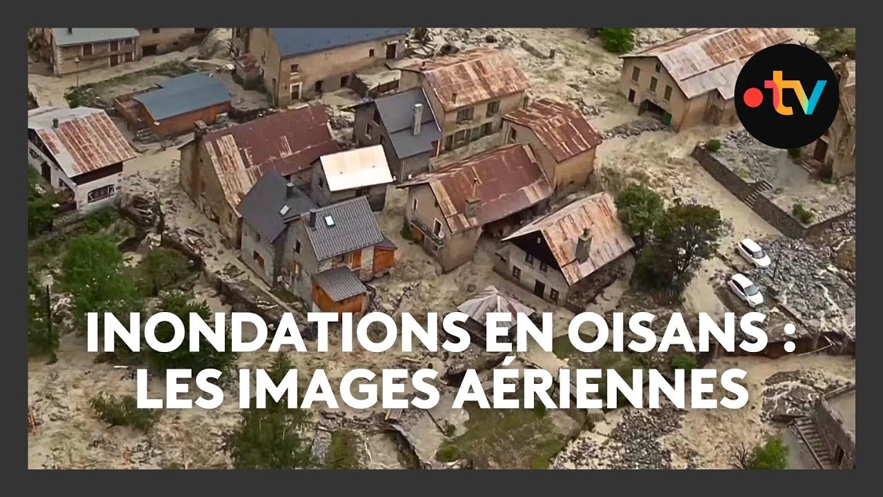 Oisans. Village d&eacute;vast&eacute;, pont emport&eacute;, route coup&eacute;e... Les images a&eacute;riennes de La B&eacute;rarde
