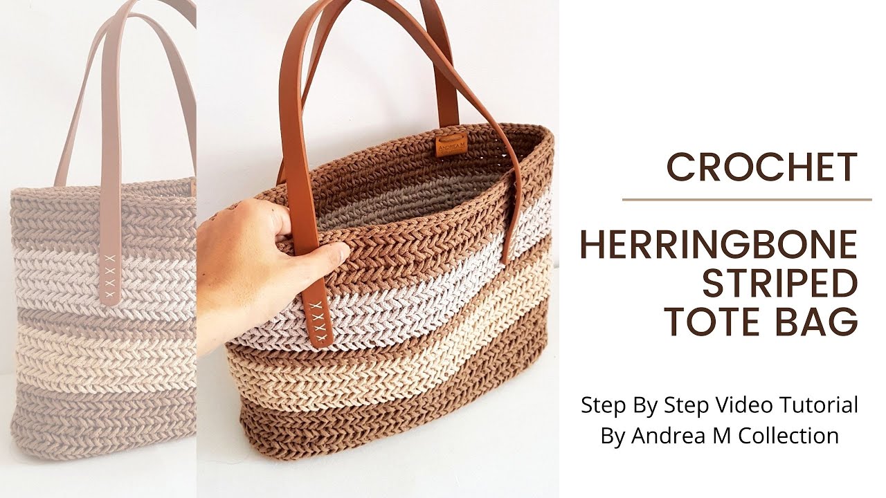 DIY Learn How to Make & Crochet Herringbone Striped Tote Bag, Herringbone stitch Pattern,