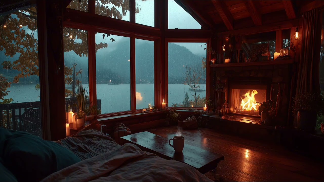 Cozy Rainy Lake Cabin 🌧️🔥 Fireplace & Light Thunder Sounds for Deep Sleep & Relaxation