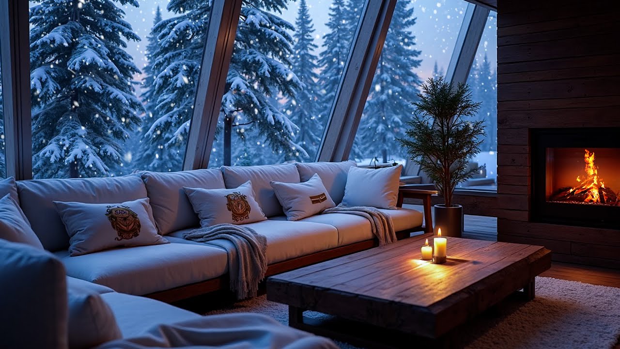 Calming Winter Piano Music in a White Room | Snowy Window View, Warm Fireplace,Deep Night Relaxation