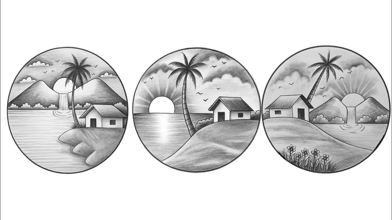 Easy 3 Circle drawing | Drawing Scenery for beginners | Sunset scenery in circle drawing