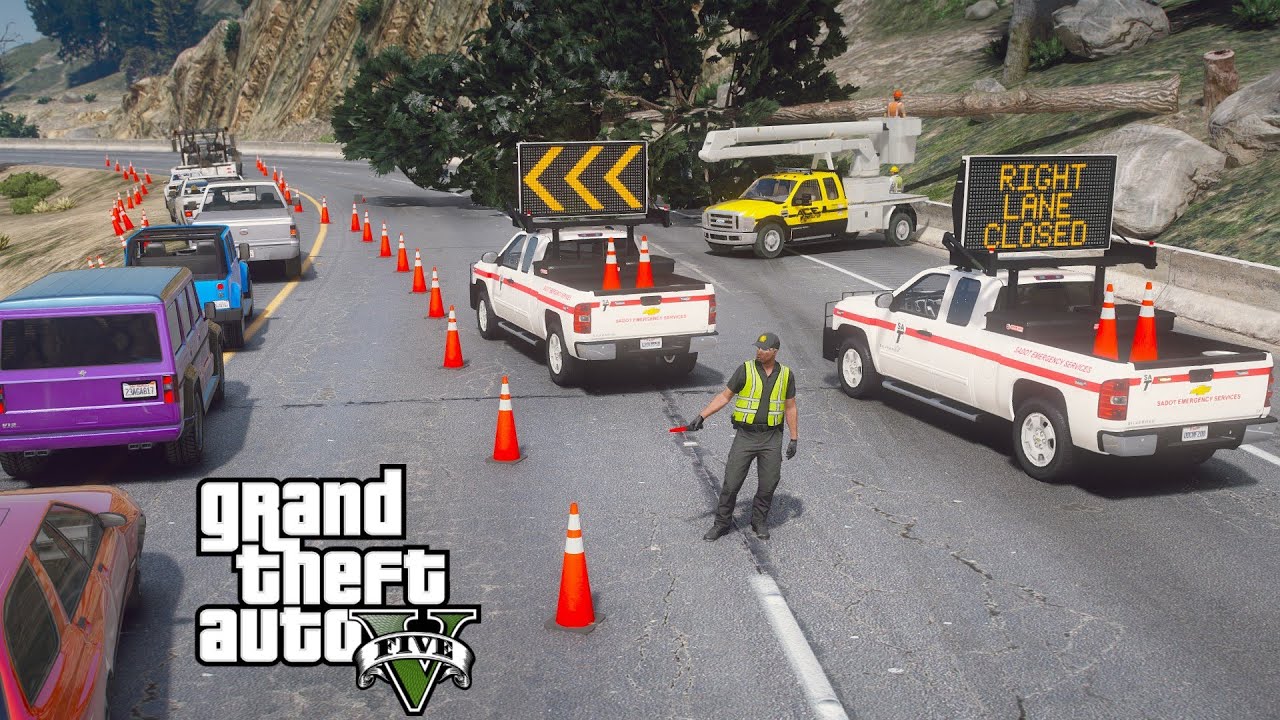 GTA 5 DOT Responding To A Fallen Tree & Directing Highway Traffic With Message Board Trucks