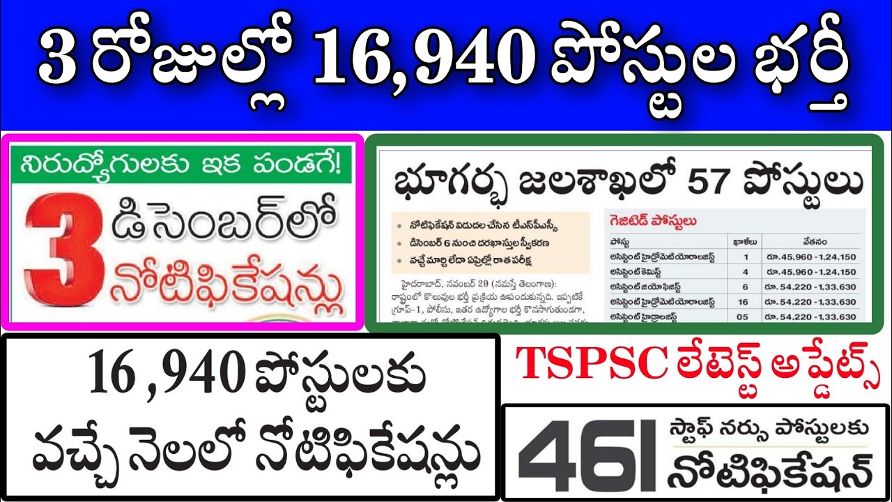 3 రోజుల్లో 16940 పోస్టుల భర్తీకి నోటిఫికేషన్ || భూగర్భ జల శాఖలో 57 పోస్టులు || TS Job updates