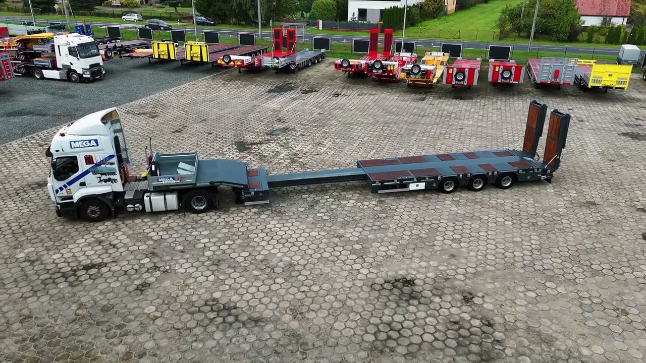 Naczepa niskopodwoziowa do transportu ciężkiego. Oś skrętna, najazdy hydrauliczne + rozsuw 5m.