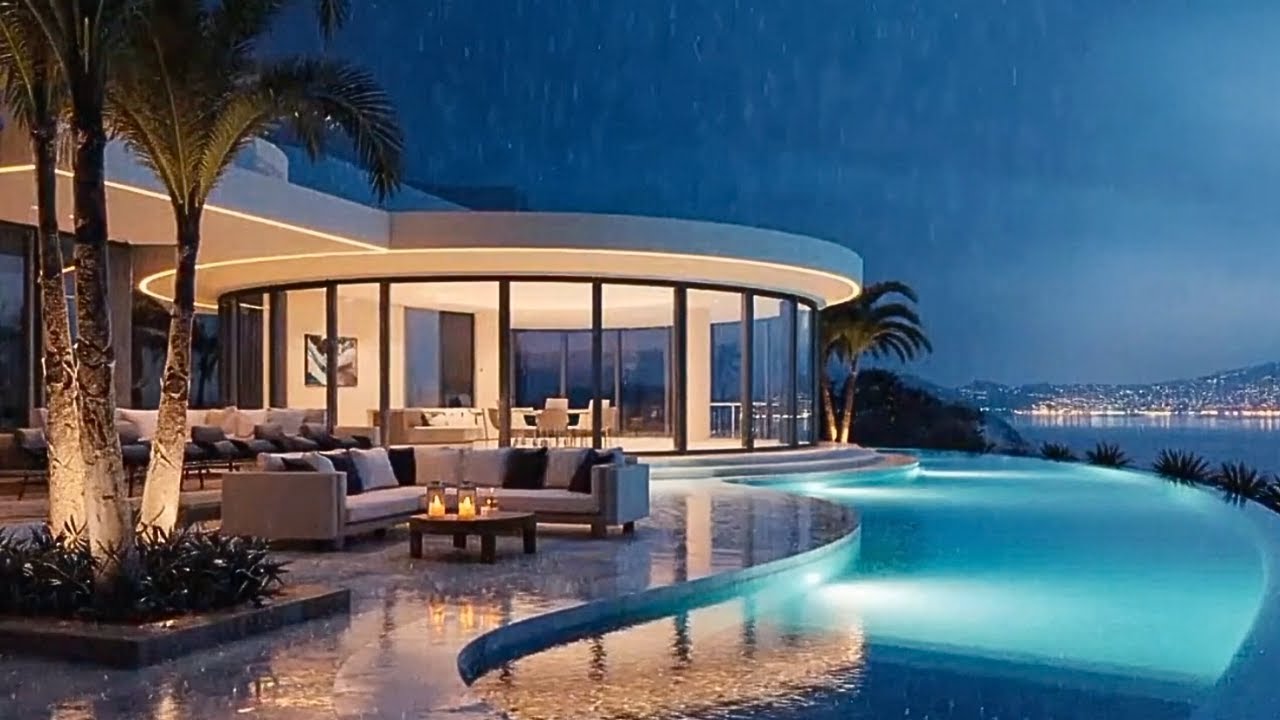 Gentle Rainfall by a Luxury Infinity Pool at Night | Sleep Ambience
