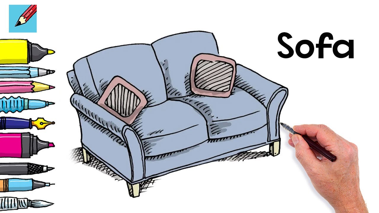 How to draw a Sofa Real Easy  - Easy Step by Step - Spoken Instructions