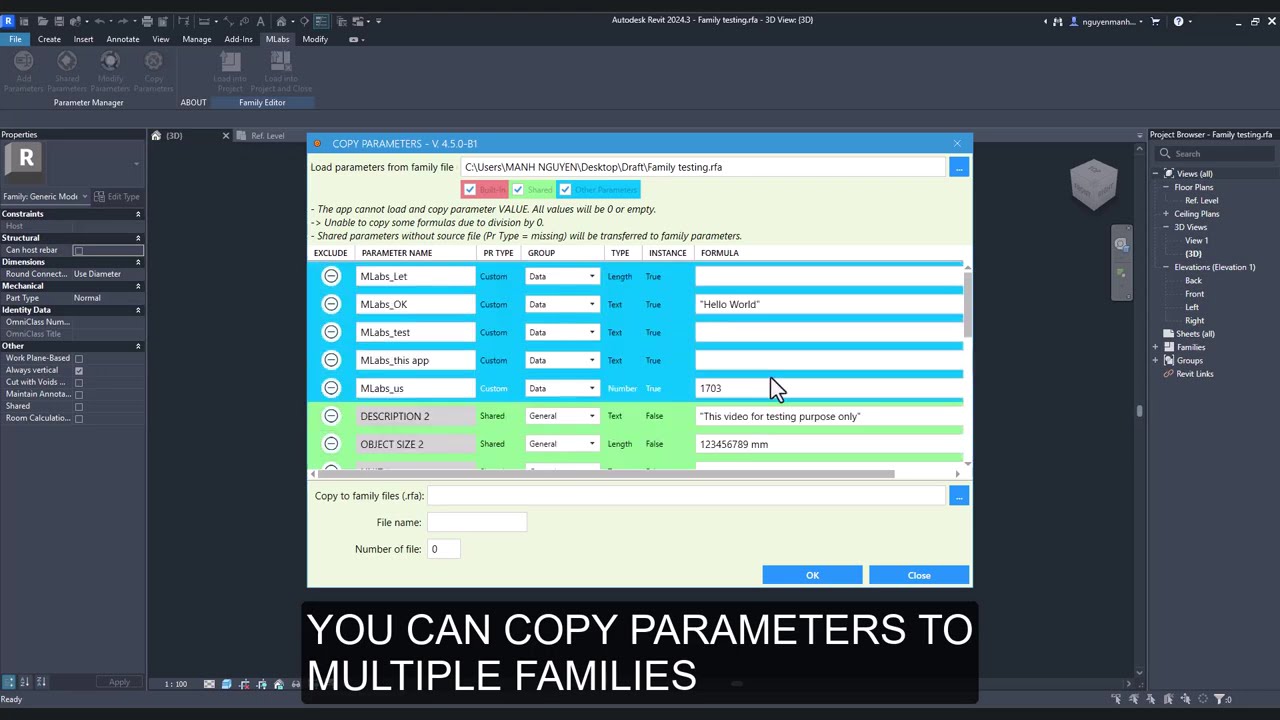 Family parameter manager - free Revit plugin v4.5.0