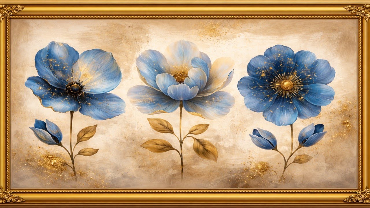 🎨 Vintage Blue Flowers Painting | Elegant Gold Frame Wall Art for TV Screensaver & Wallpaper