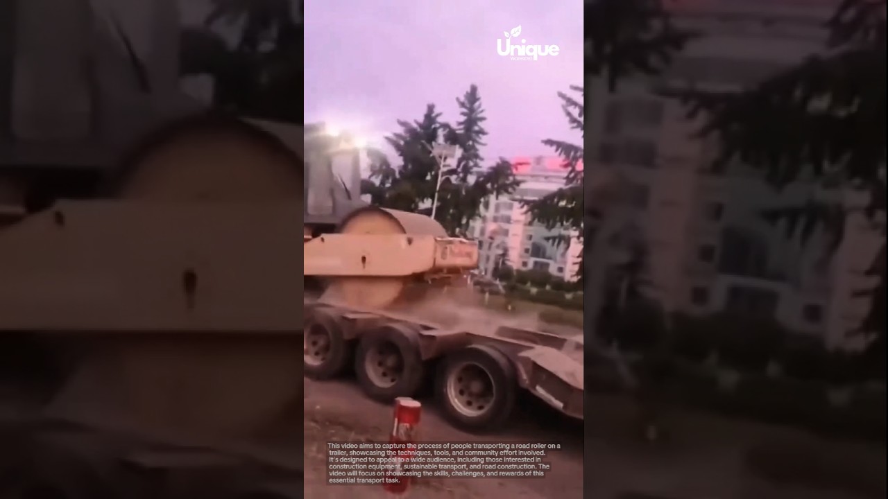 Road roller transport: people transporting road roller on a trailer