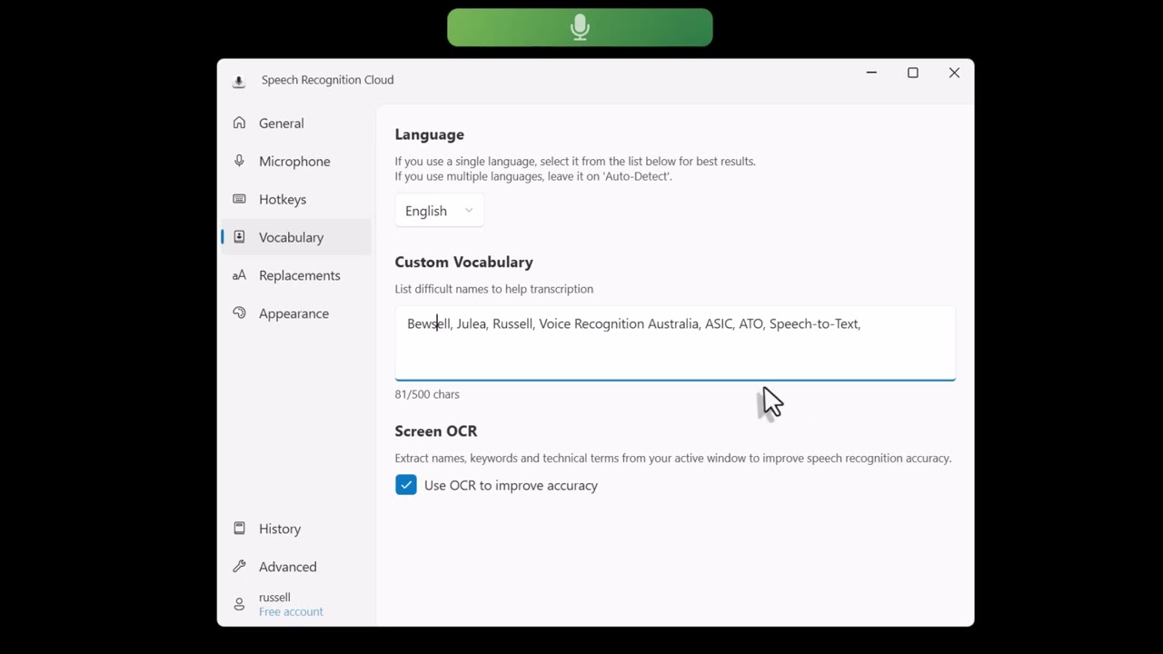 Options - Speech Recognition Cloud - Live Dictation