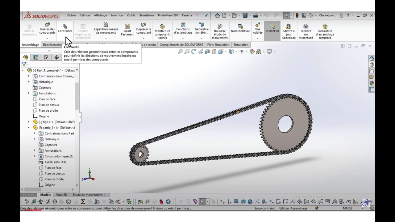 « SolidWorks : Modélisez une transmission pignon-chaîne animée étape par étape »