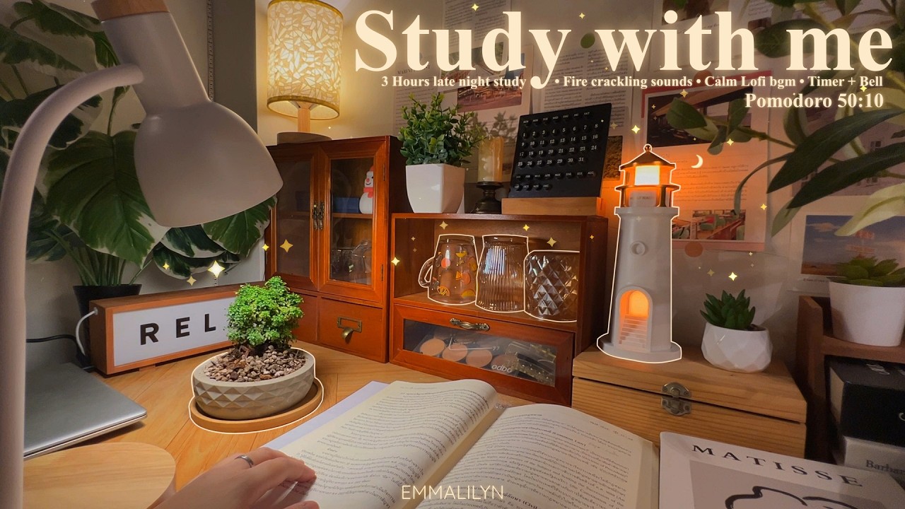 🪴3-HOUR Late Night STUDY WITH ME •  Fire Crackling🕯️+ Calm Lofi bgm • Pomodoro 50-10 • Day311🌙