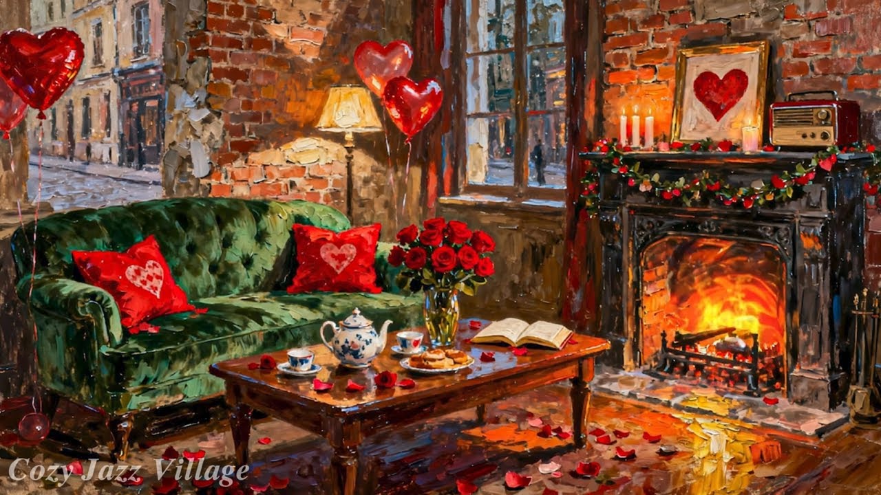 Valentine’s 1950s Vintage Jazz Night 💕 Oldies Playing in Another Room | Snowy Fireplace Ambience