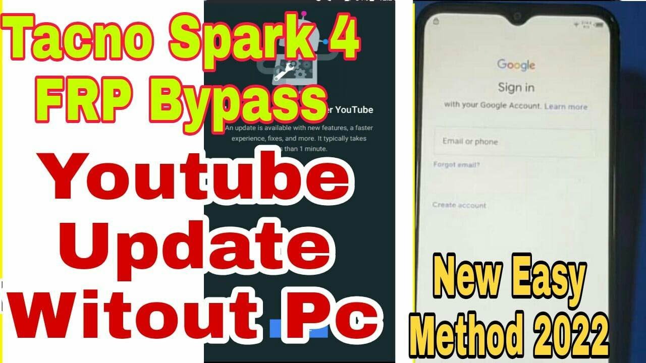 Tecno Spark 4 FRP Bypass YouTube Update Solution  Without PC 2022 Android9 KC2 Google Account remove