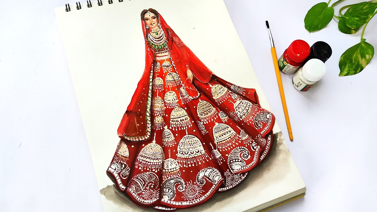 Indian heavy bride lehenga design drawing easy | fashion illustration..