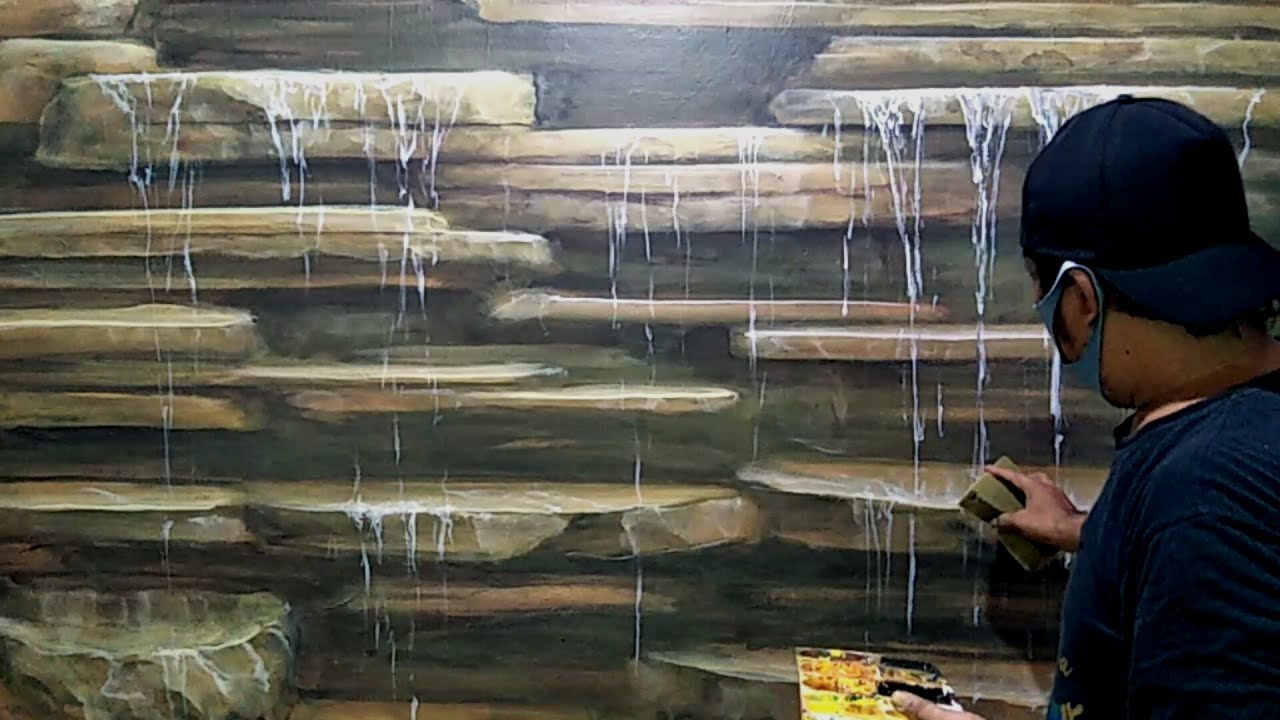 Buat Dinding Motif Batu Tebing Air Terjun Dengan Spon Busa !! Wall waterfall cliff stone motif