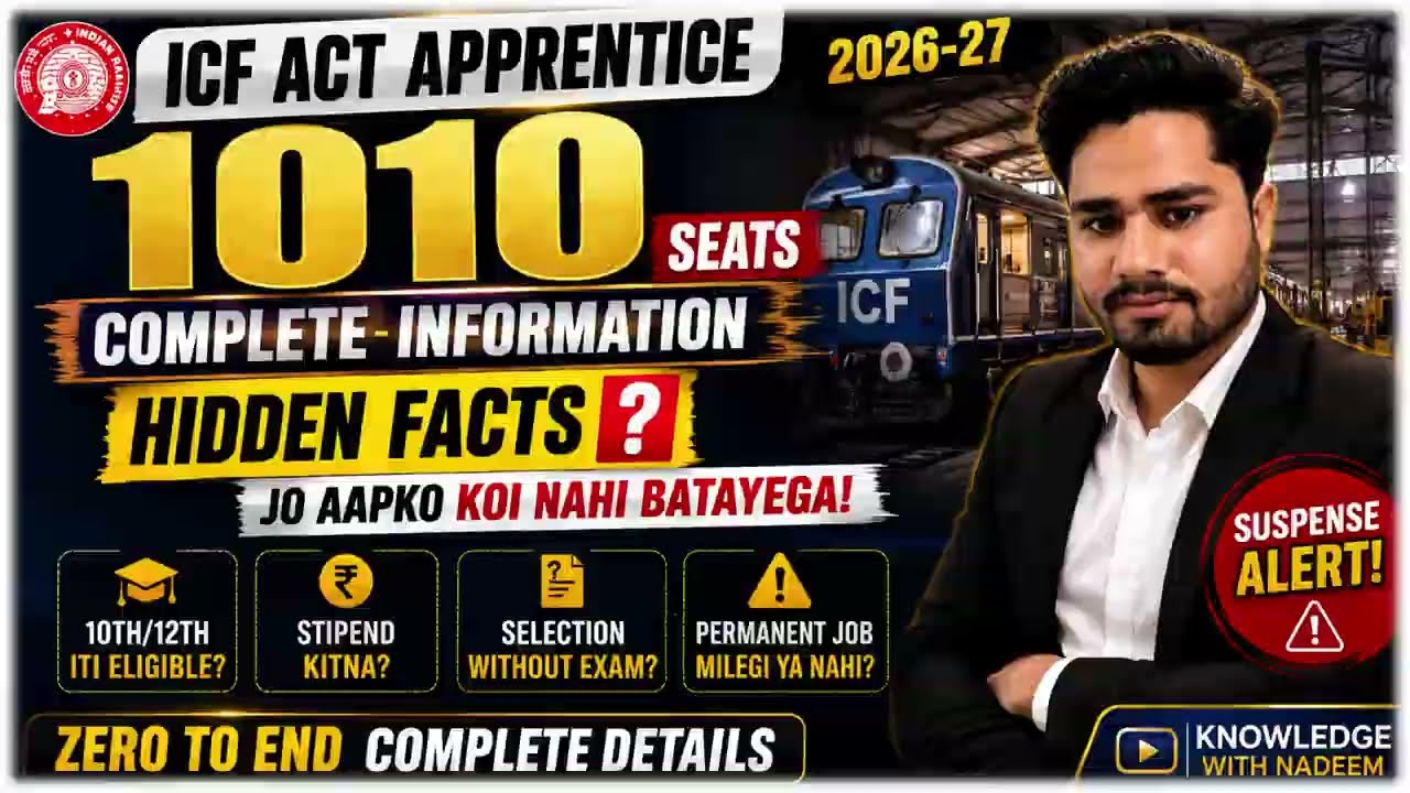 ICF Apprentice Recruitment 2026 | 1010 Posts | 10th Pass + ITI |Railway Apprentice 2026|Apply Online