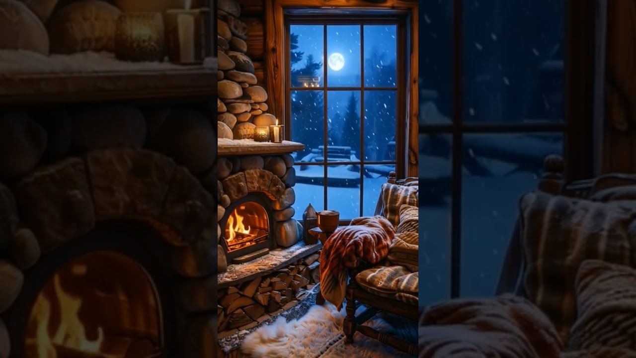 Cozy Winter Night by the Fire | Snowfall & Full Moon Ambience 🌙 
