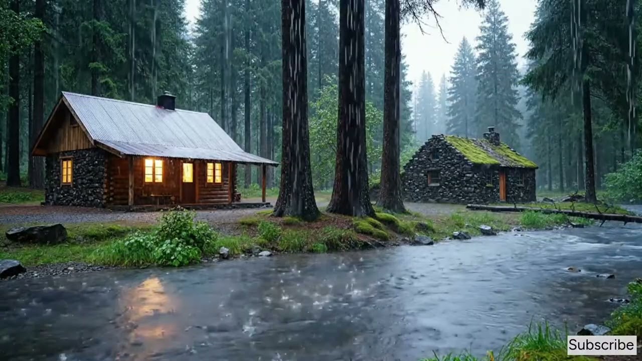 No Ads Forest Night Rain — River & Cabin ASMR Sounds for Deep Sleep & Stress Relief