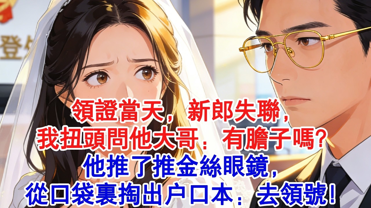 【情感故事】領證當天，新郎失聯，我問他兄弟：有膽子娶我嗎？他嘲諷：別瘋了。我扭頭問他大哥：你呢？他推了推金絲眼鏡，從口袋裡掏出戶口本：去領號！#小說 #愛情 #故事