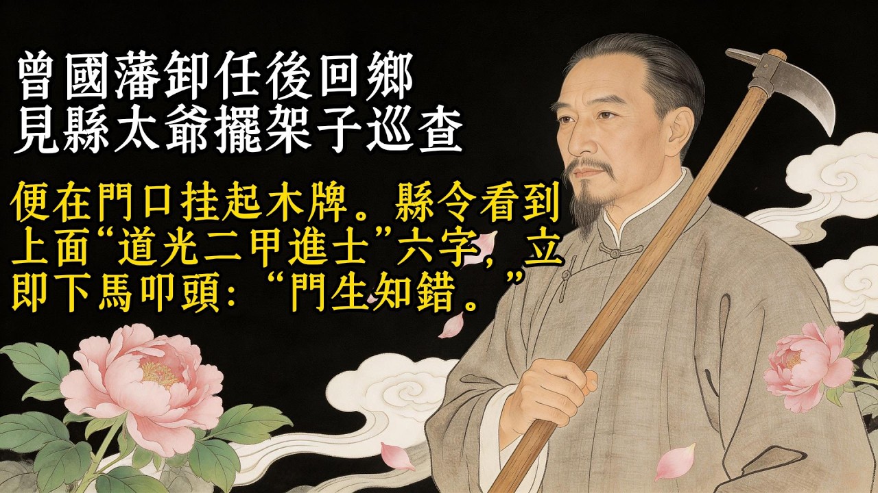 曾國藩卸任後回鄉，見縣太爺擺架子巡查，便在門口掛起木牌。縣令看到上面“道光二甲進士”六字，立即下馬叩