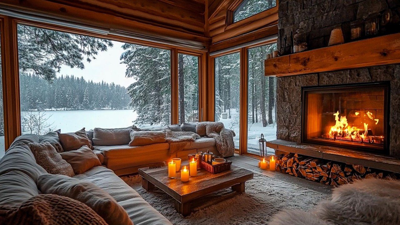 Warm Fireplace & Soft Piano Music ❄️ Cozy Cabin Snowstorm for Deep Relaxation