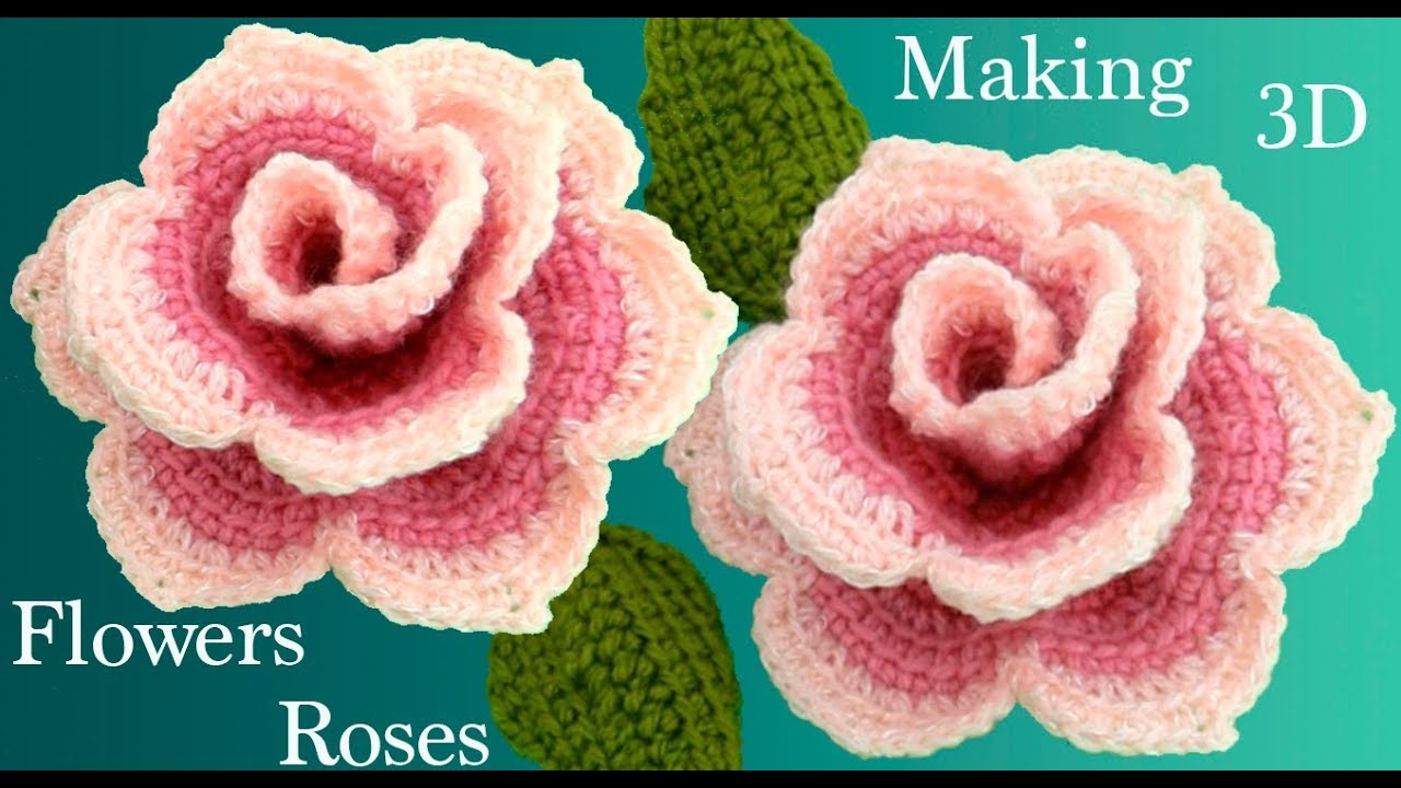 Como hacer flores rosas de colores en 3D con hojas a Crochet en punto tunecino