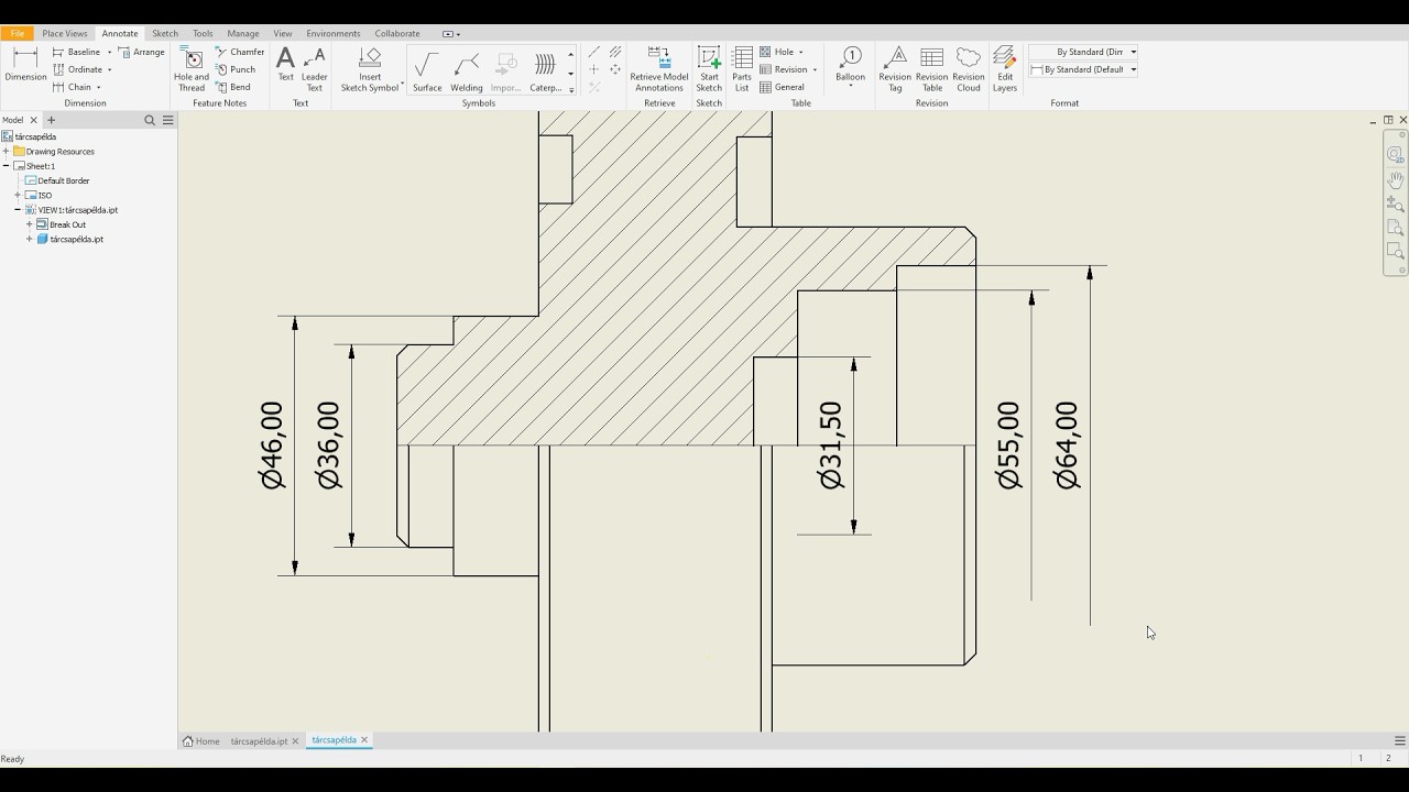 Inventor Professional Half Section - Dimension - Hogyan készítsünk csonkaméretet