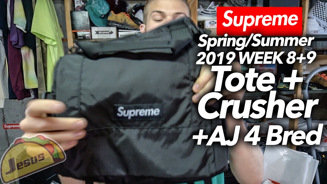 Supreme SS19 Week 9 Pocket Crusher + tote backpack + Air Jordan 4 Bred