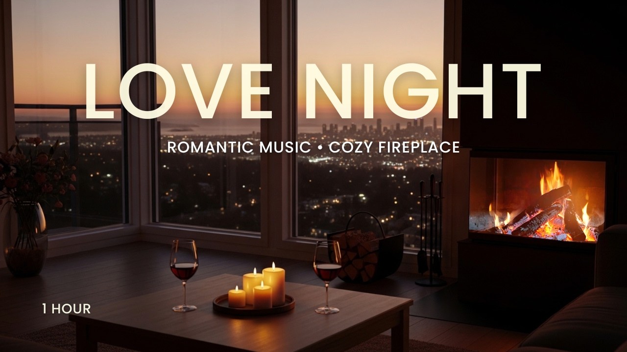 LOVE NIGHT ❤️ Romantic Music with Cozy Fireplace Ambience & City View (1 Hour)