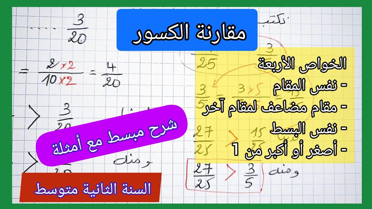 مقارنة الكسور (بالخواص الأربعة) الرياضيات السنة الثانية متوسط