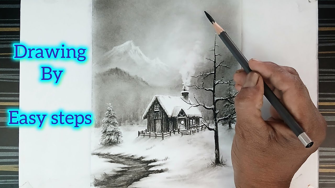 How to draw winter nature landscape real time, snowy cottage, snowy trees, mountains etc.