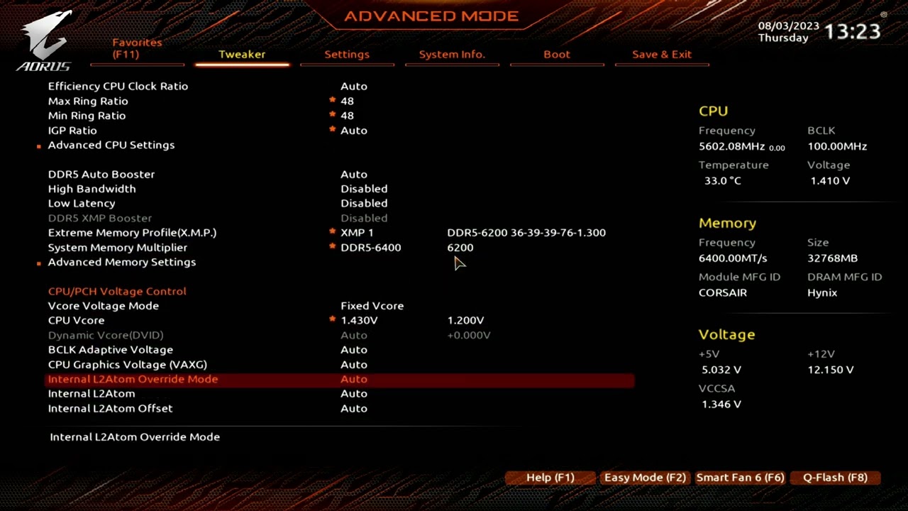 2x16GB DDR5-6400 CL30 with 1T command rate on the Gigabyte Z790 Aorus Elite AX