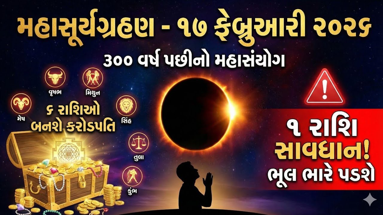 ૧૭ ફેબ્રુઆરી ૨૦૨૬ સૂર્યગ્રહણ 🌑 ૩૦૦ વર્ષ પછી મહાસંયોગ 😱 આ ૬ રાશિ થશે માલામાલ 💰 Surya Grahan 2026