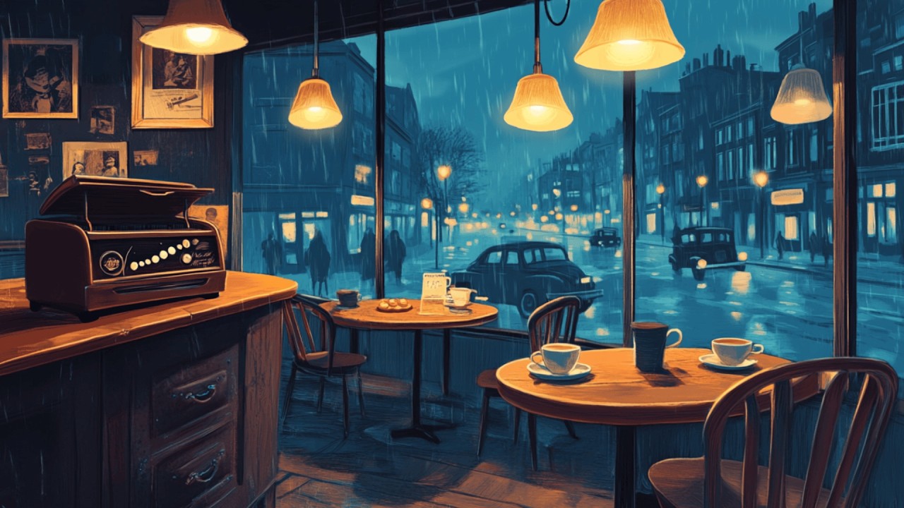 Cozy 1940s Jazz Café ☕ Rainy Vintage Street & Warm Night Ambience