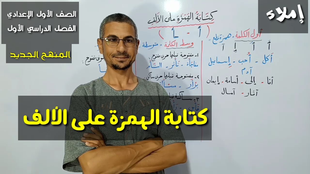 كتابة الهمزة على الألف ـ إملاء ، الصف الأول الإعدادي / الفصل الدراسي الأول .