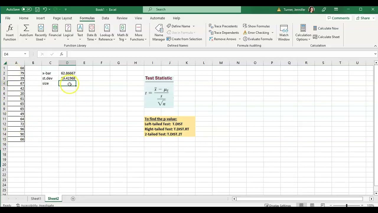 Hypothesis Test for One Mean using Excel