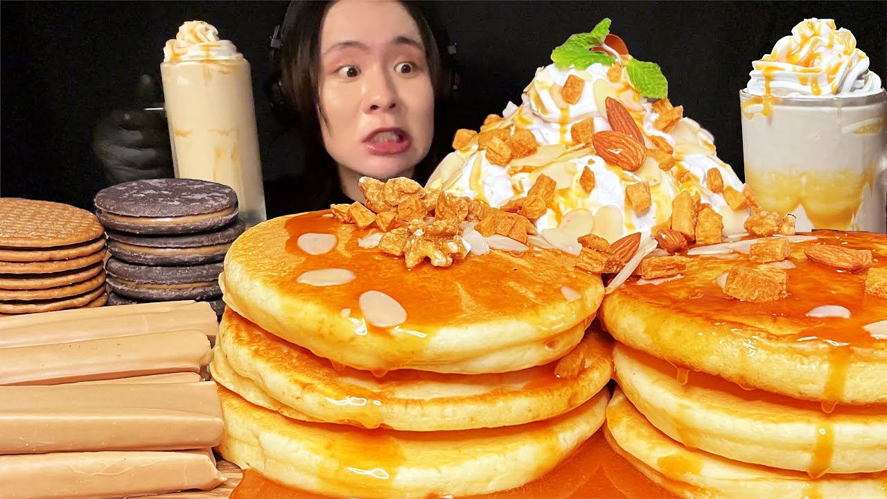 ASMR キャラメルパンケーキ大食い‼️〜スタバ飽きたら家来な〜【咀嚼音】