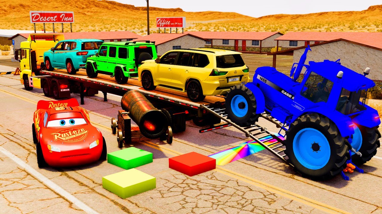 Flatbed Truck McQueen | Transportation with Truck - Pothole vs Car #53 | BeamNG.Drive Gameplay