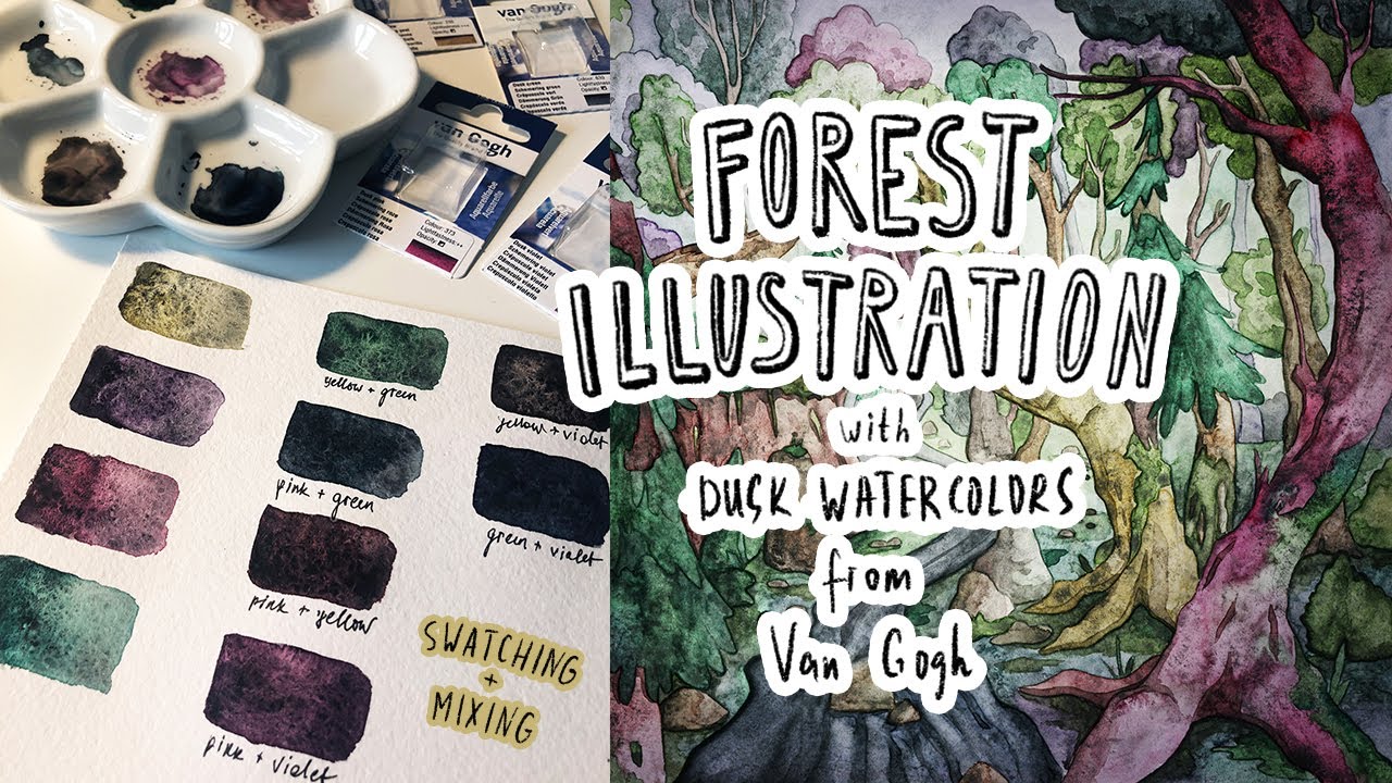 Forest illustration with dusk watercolours from Van Gogh