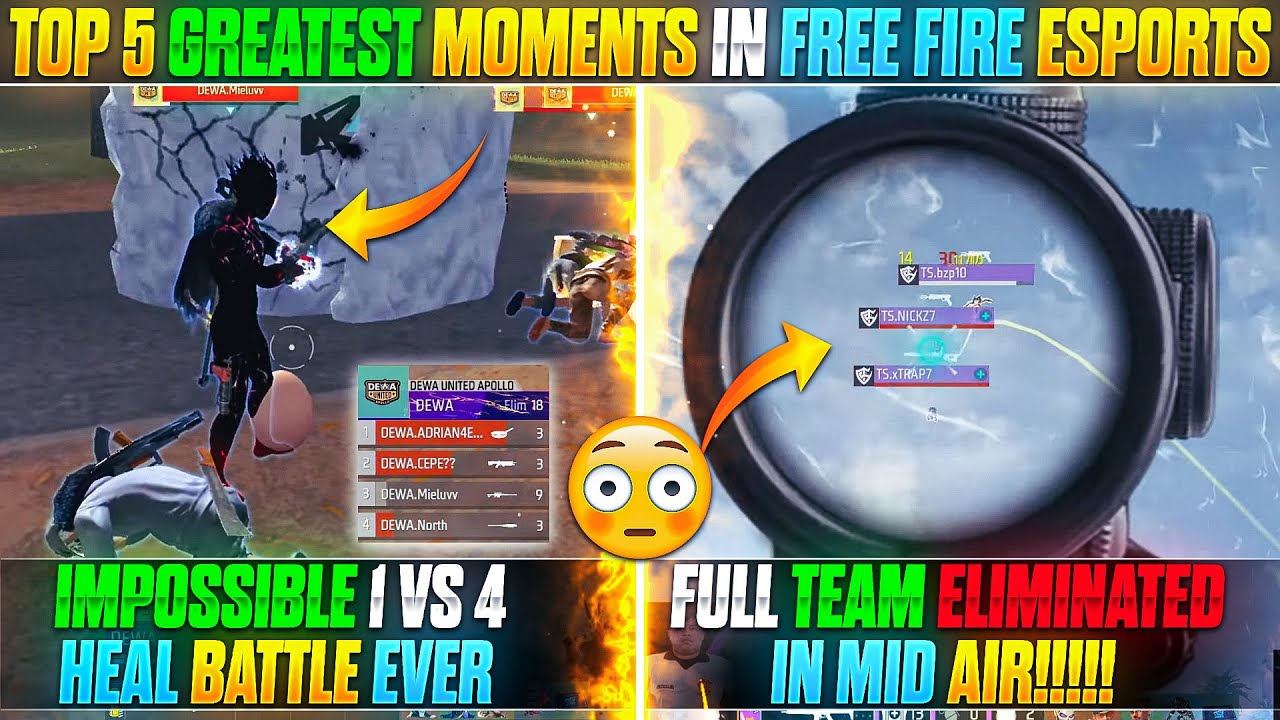 TOP 5 GREATEST MOMENTS IN FREE FIRE ESPORTS !! | BEST CLUTCHES IN FREE FIRE ESPORTS HISTORY