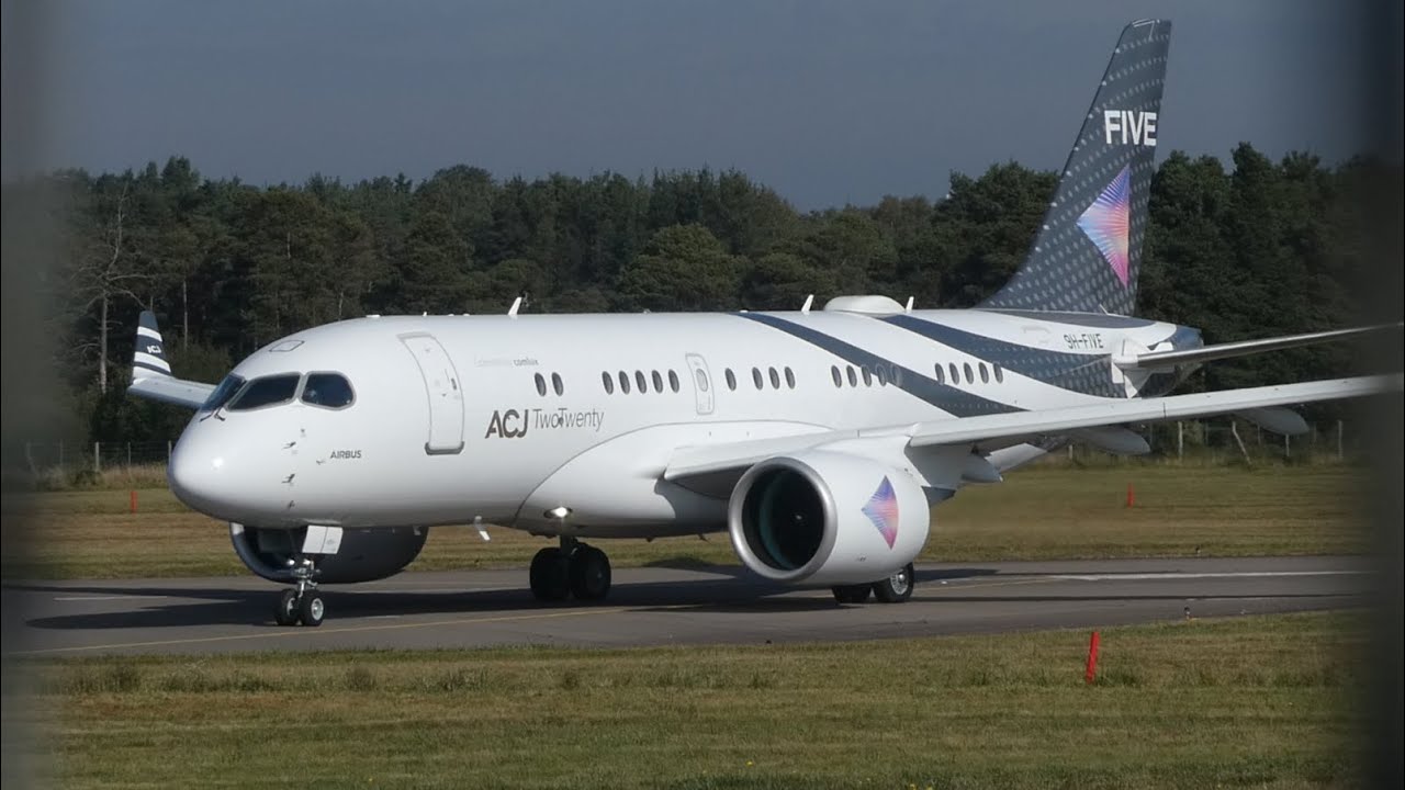 The Worlds First Private Airbus A220 ACJ (9H-FIVE)  Close Up Departure from Farnborough