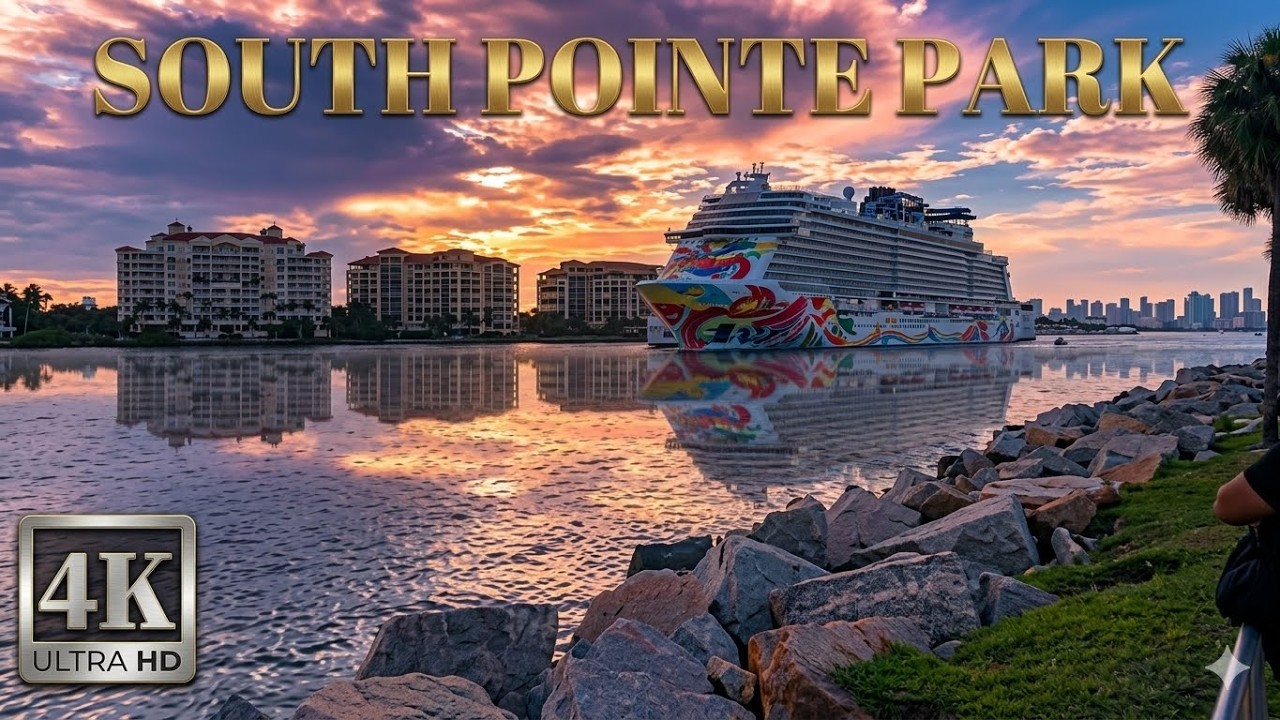 SOUTH POINTE PARK SUNSET WALK, MIAMI BEACH CRUISE SHIPS & OCEAN VIEWS 4K UHD MIAMI FL USA