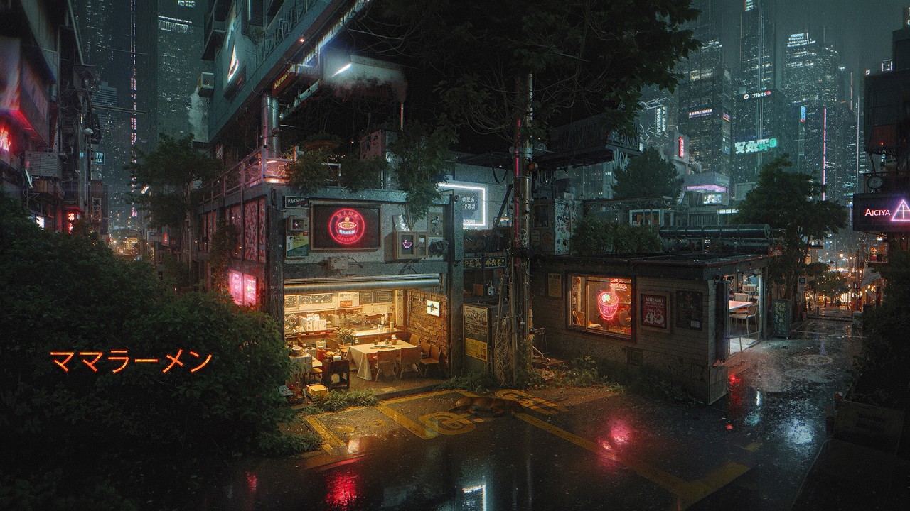 Night City | Hidden Backstreet | Mama Ramen Takeway | Warm Cyberpunk ASMR (8 Hours)